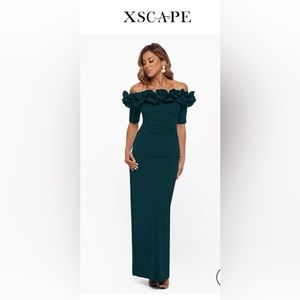 XSCAPE Pine Green "ISLA" OFF THE SHOULDER RUFFLE TOP DRESS size 16